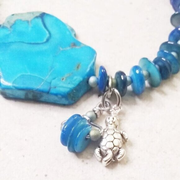 Turquoise & Blue! Sea Sediment Jasper + Genuine Shells + Sea Turtle Bracelet - Picture 2 of 8